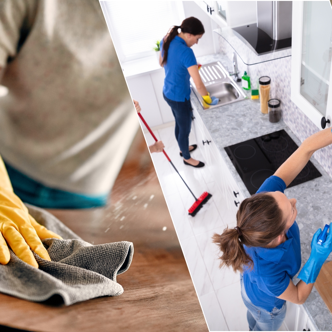 professional house maids in uniform cleaning kitchen